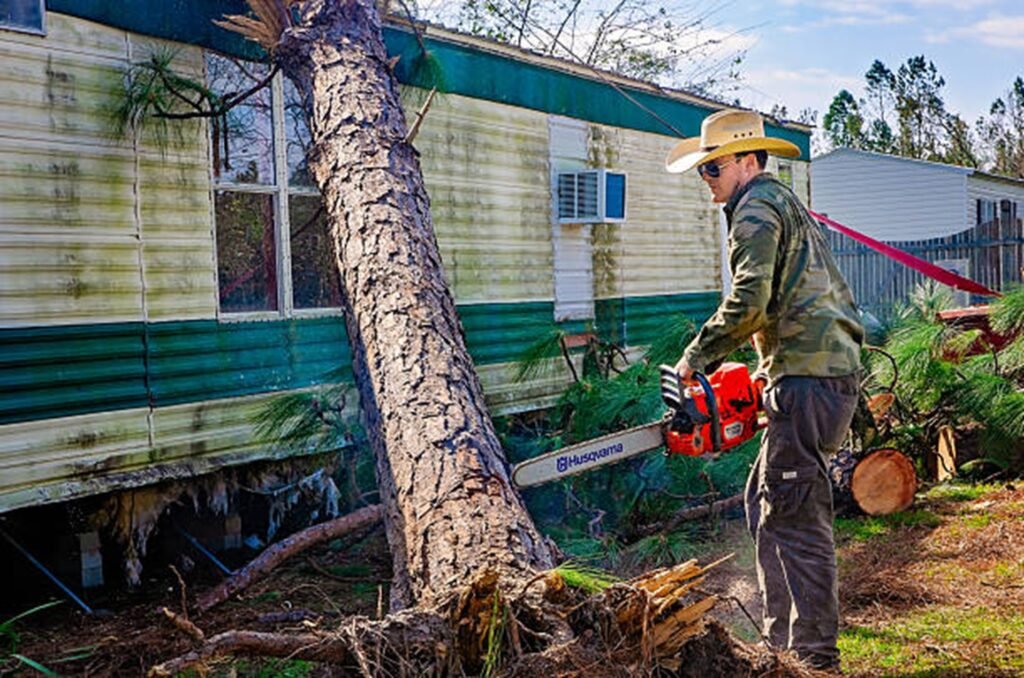 Storm-damaged tree leaning against a residential home before emergency tree removal service in Chesterfield, MO.