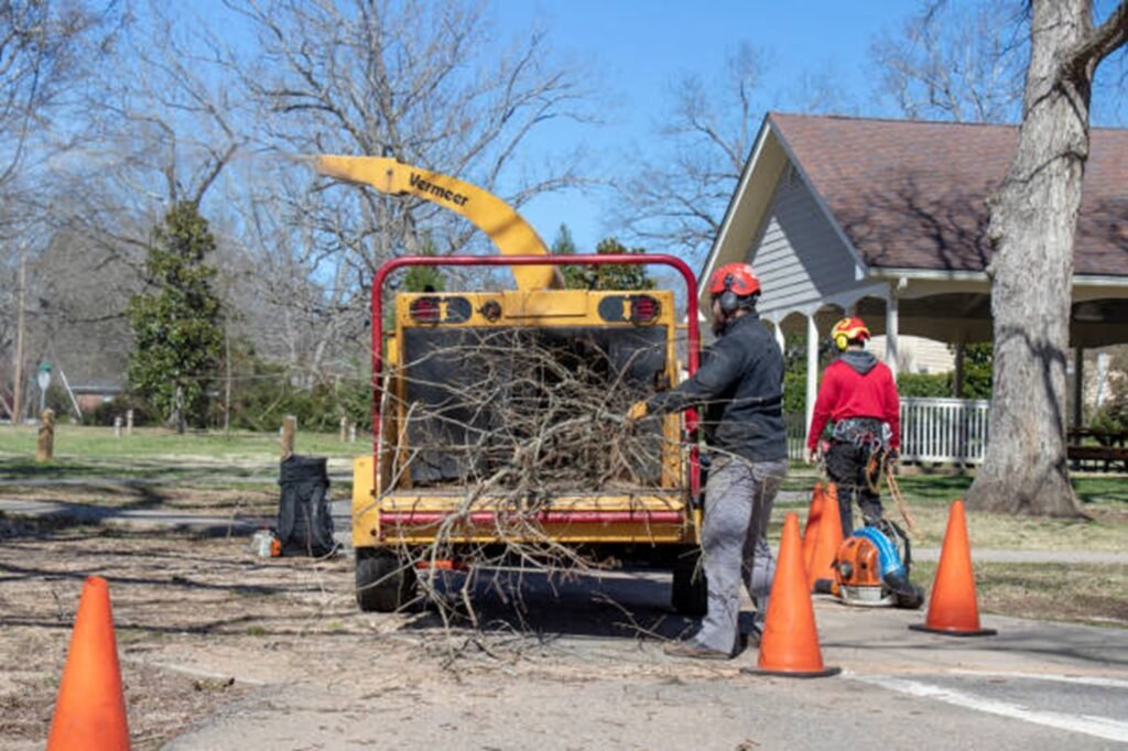 Chesterfield Tree Service crew loading tree branches into a wood chipper after completing a residential tree service project in Chesterfield, MO.