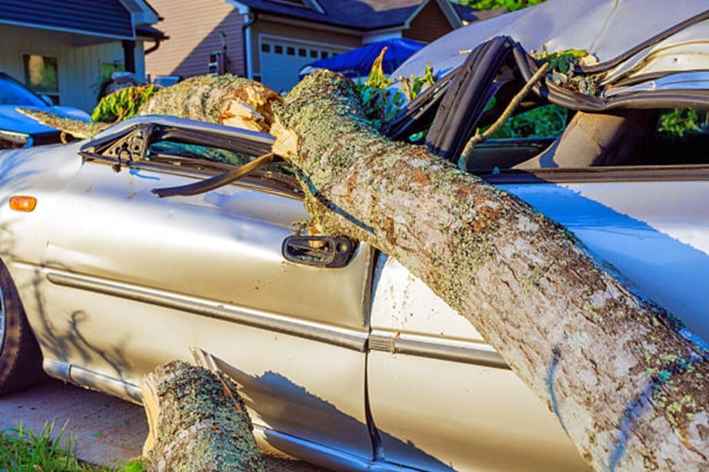 Large fallen tree crushing a parked vehicle after a severe storm, highlighting the need for professional storm damage cleanup in Chesterfield, MO.